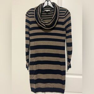 Ann Taylor Loft Sweater Dress, Cowl Neck, Navy/Brown striped, Size petite small